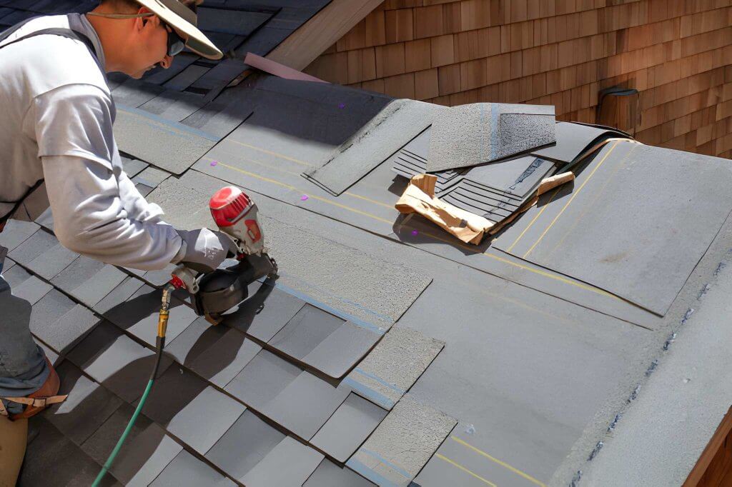 Installing new roof with nail gun and shingles
